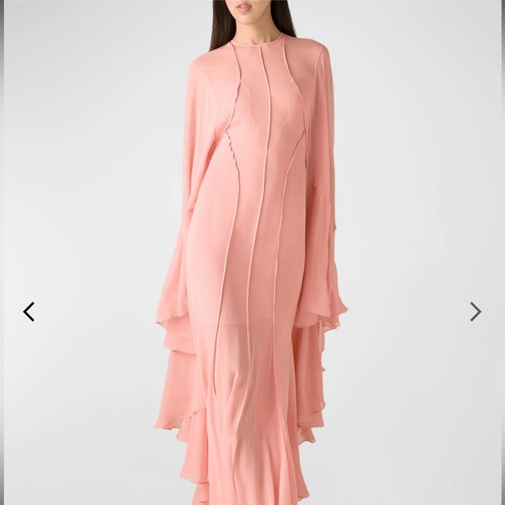 St. John plunging illusion, flowing long sleeve silk gown. - Picture 3 of 14